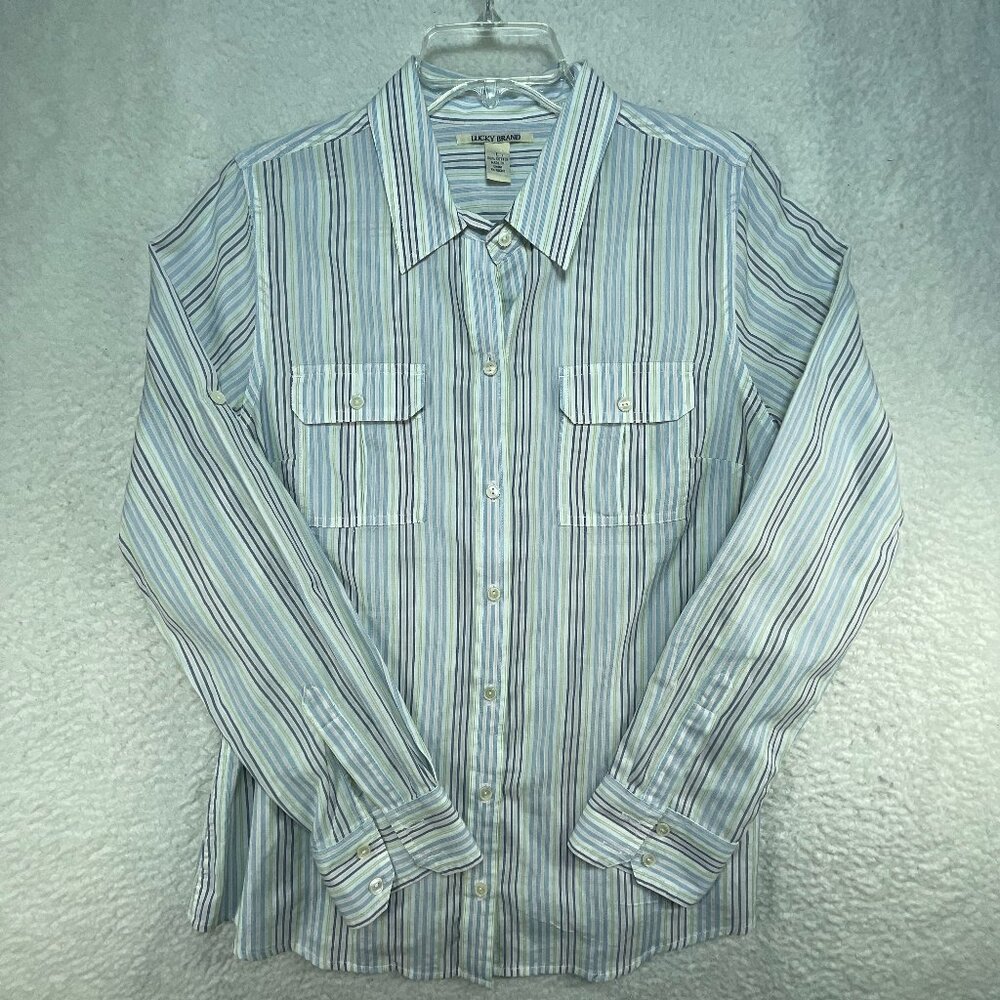 Lucky Brand Shirt Womens Sz Large Pink Blue Stripe Roll Tab Sleeve Vintage
